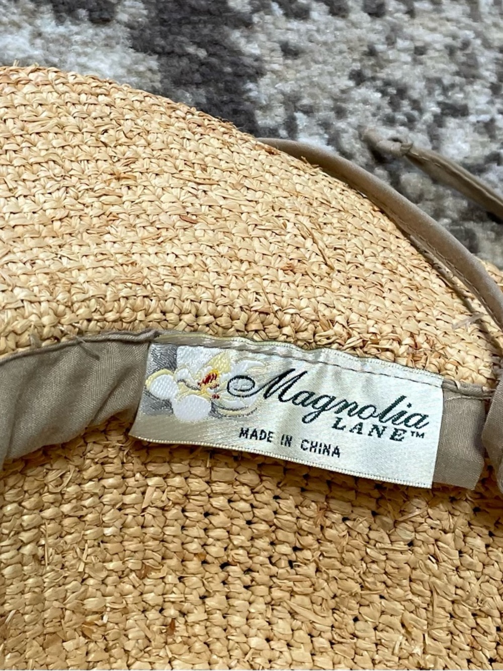 Magnolia Lane Tan Straw Hat with Olive Trim and Embroidered Floral Logo - Picture 4 of 8